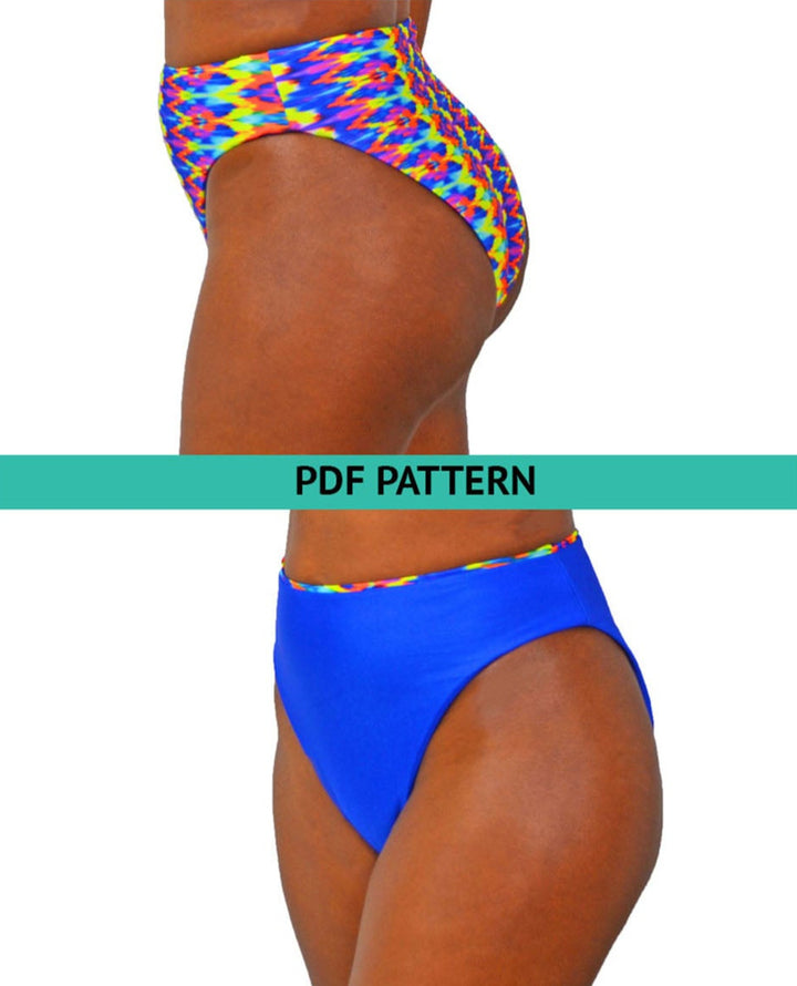 Reversible high cut high waist bikini bottom sewing pattern with seamless finish, shown on model front and back. Features a high leg opening, clean folded edges, and snug fit around waist and hips. Includes sizes XS to XL, PDF format with video tutorial. gigipatterns, Reversible swimsuit, Bandeau bikini bottoms, High Cut legs Bikini, high waisted sewing patterns, tummy control swimsuit,  DIY Swimsuit,  Swimsuit Patterns, pdf sewing patterns, plus size