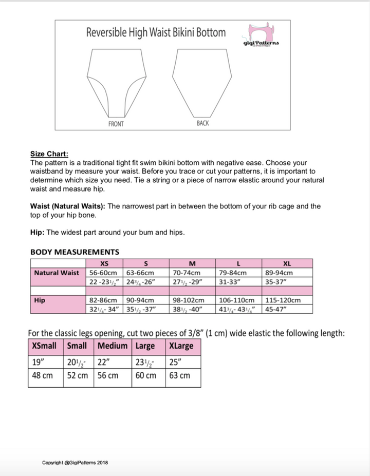 Reversible high cut high waist bikini bottom sewing pattern with seamless finish, shown on model front and back. Features a high leg opening, clean folded edges, and snug fit around waist and hips. Includes sizes XS to XL, PDF format with video tutorial. swimsuit size chart, gigipatterns, Reversible swimsuit, Bandeau bikini bottoms, High Cut legs Bikini, high waisted sewing patterns, tummy control swimsuit,  DIY Swimsuit,  Swimsuit Patterns, pdf sewing patterns, plus size