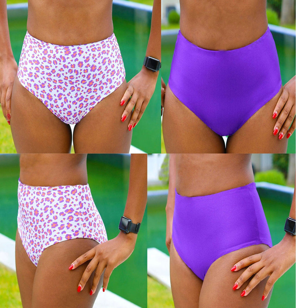 Reversible high-waist bikini bottom sewing pattern with clean finish and full coverage. Includes sizes XS, S, M, L, XL, 2XL, 3XL, 4XL, 5XL. Comes as a digital PDF download in A4, US Letter, and A0 formats. Includes sew-along video tutorial for beginners.