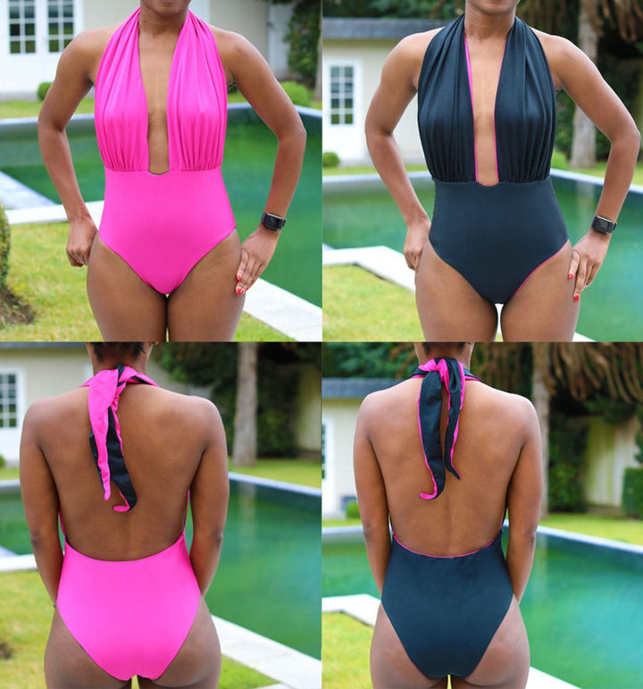 Reversible one-piece swimsuit sewing pattern with deep plunge neckline and halter tie at the neck. Gathered front design with moderate back coverage. Includes sizes XS, S, M, L, XL, 2XL, 3XL, 4XL, 5XL. Comes as a digital PDF download in A4, US Letter, and A0 formats. Includes sew-along video tutorial for beginners.