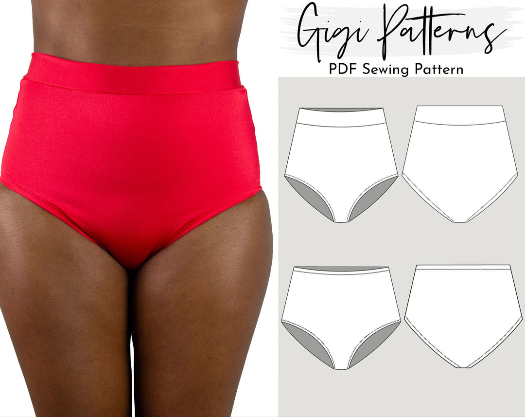 Digital sewing pattern featuring a retro high-waisted bikini bottom with moderate leg openings and full back coverage. Includes four view options and is modelled in red with a matching halter top. Format includes A4, US Letter, and A0. Sizes XS–XL. Video tutorial included.