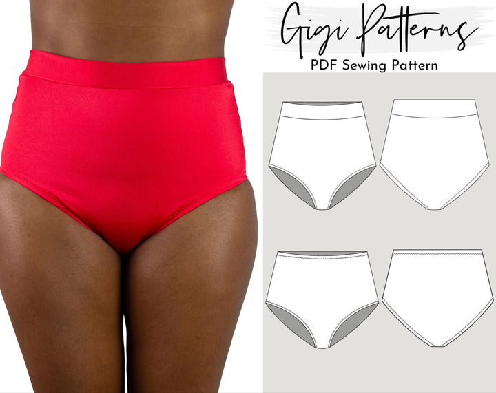 Digital sewing pattern featuring a retro high-waisted bikini bottom with moderate leg openings and full back coverage. Includes four view options and is modelled in red with a matching halter top. Format includes A4, US Letter, and A0. Sizes XS–XL. Video tutorial included.