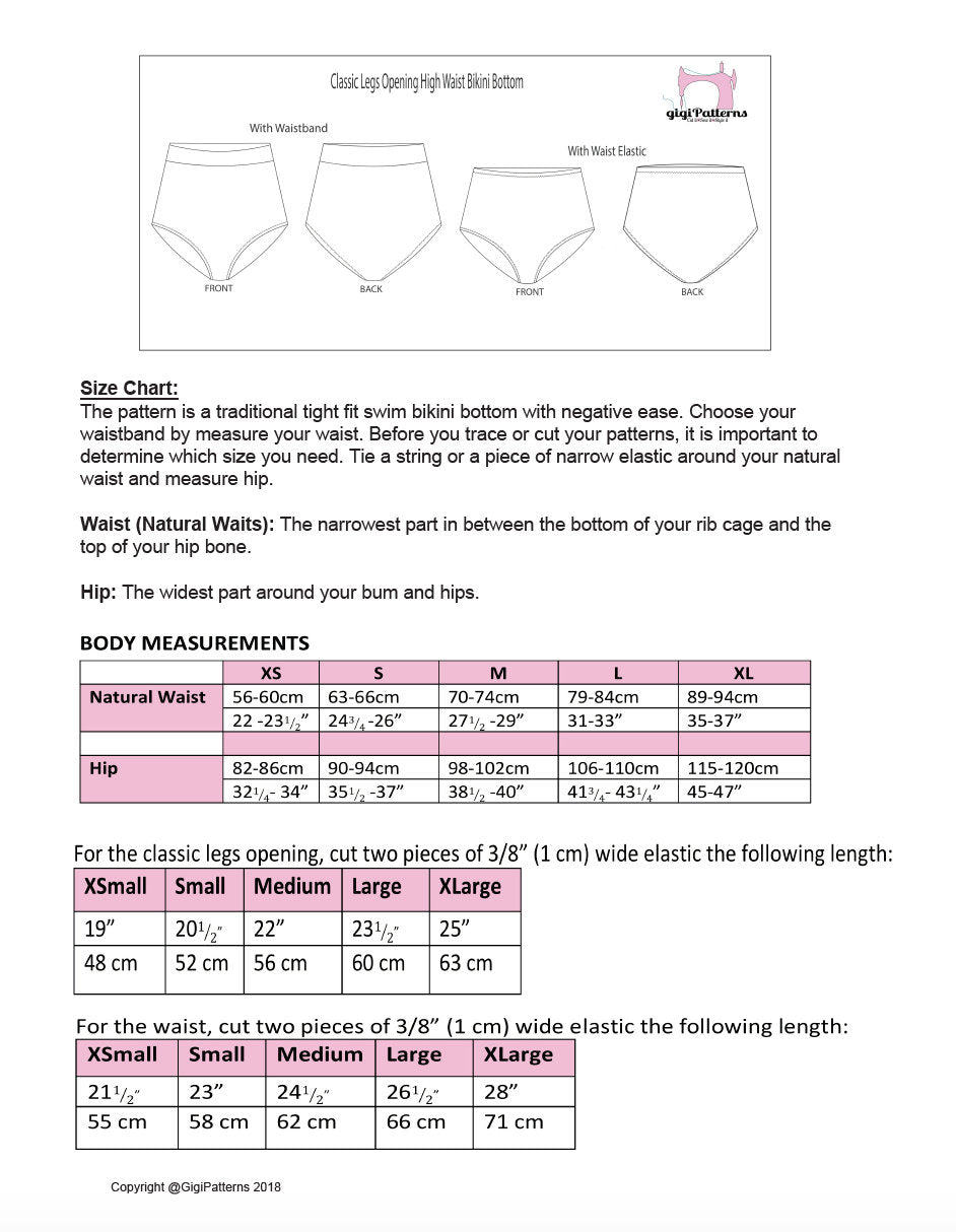 Digital sewing pattern featuring a retro high-waisted bikini bottom with moderate leg openings and full back coverage. Includes four view options and is modelled in red with a matching halter top. Format includes A4, US Letter, and A0. Sizes XS–XL. Video tutorial included.
diy high waisted bikini swimsuit patterns pdf gigipatterns