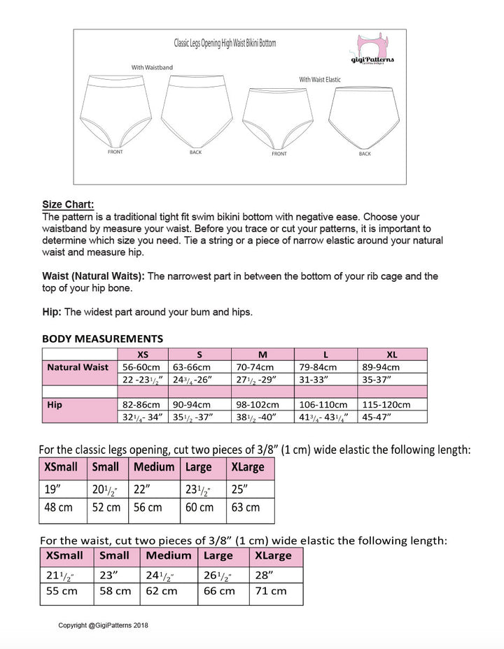 Digital sewing pattern featuring a retro high-waisted bikini bottom with moderate leg openings and full back coverage. Includes four view options and is modelled in red with a matching halter top. Format includes A4, US Letter, and A0. Sizes XS–XL. Video tutorial included.
diy high waisted bikini swimsuit patterns pdf gigipatterns