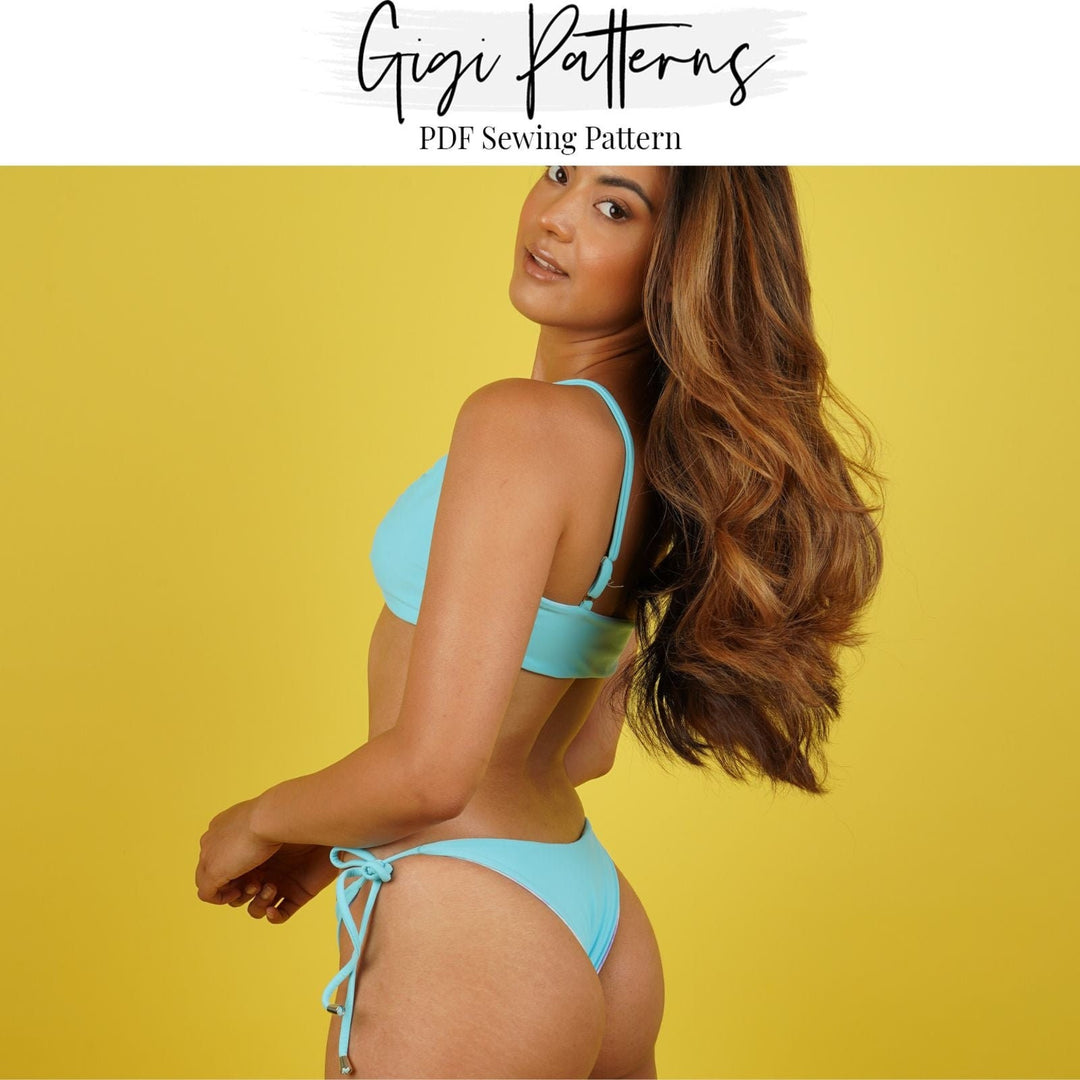 Reversible bikini bottom sewing pattern with four back coverage options: full, cheeky, Brazilian, and thong. Adjustable side-tie design. Includes sizes XS, S, M, L, XL, 2XL, 3XL, 4XL, 5XL. Comes as a PDF download in A4, US Letter, and A0 formats. Digital swimwear pattern with video tutorial for sewing beginners.