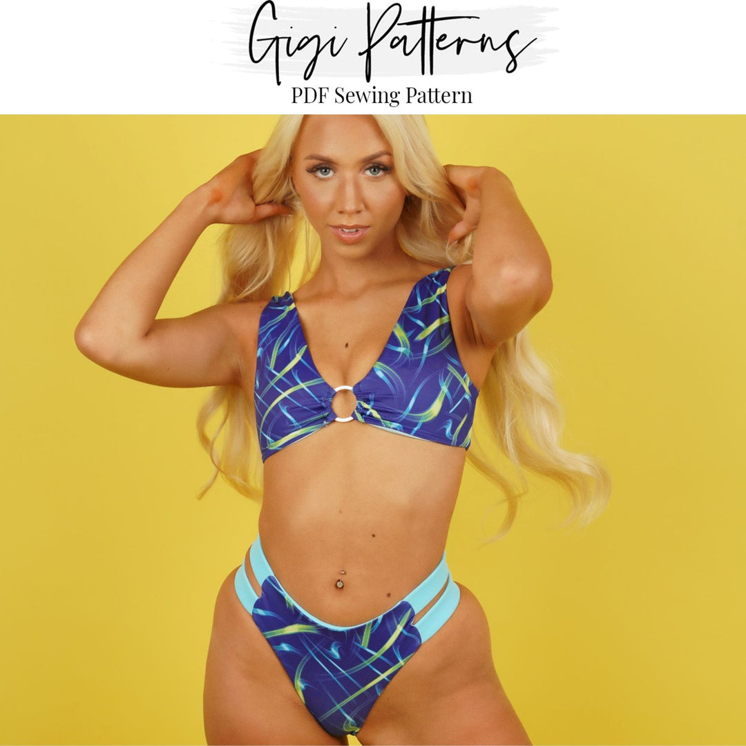 Reversible bikini bottom sewing pattern with four back coverage options: full, Brazilian, cheeky, and thong. High-waisted design with side strap details. Digital PDF download includes A4, US Letter, and A0 formats. Sizes XS, S, M, L, XL, 2XL, 3XL. Step-by-step video tutorial included. Swimwear bottom pattern PDF, fashion designer pattern.