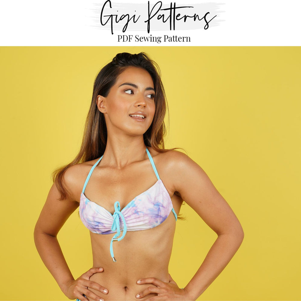 Seamless bikini top sewing pattern with adjustable centre front and back ruching, tie-neck, and tie-back straps. Scoop-style fit with gathered front. Digital PDF includes A4, US Letter, and A0 formats. Sizes XS, S, M, L, XL, 2XL, 3XL, 4XL, 5XL. Step-by-step video tutorial included. Fashion swimwear pattern, DIY bikini top PDF.