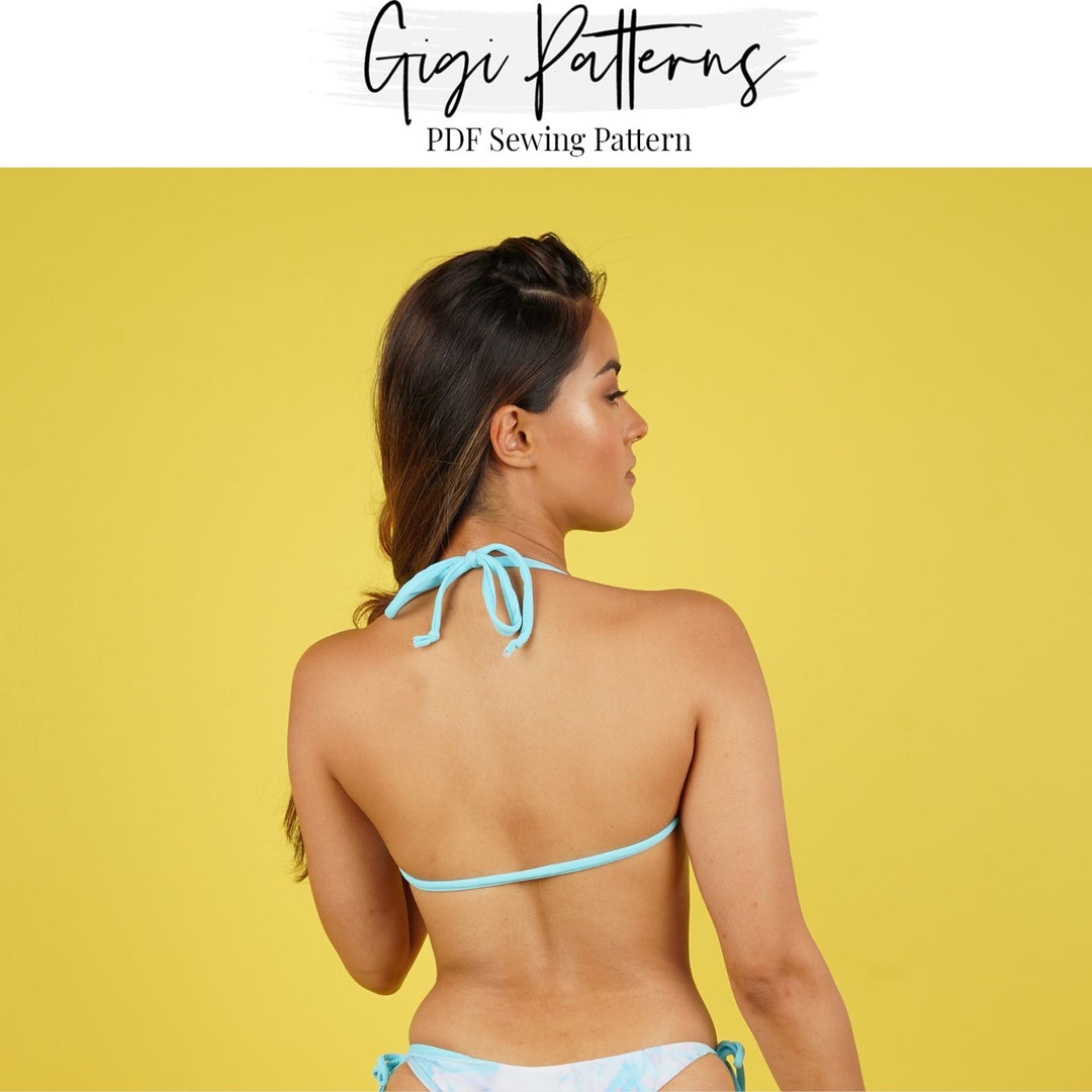 Seamless bikini top sewing pattern with adjustable centre front and back ruching, tie-neck, and tie-back straps. Scoop-style fit with gathered front. Digital PDF includes A4, US Letter, and A0 formats. Sizes XS, S, M, L, XL, 2XL, 3XL, 4XL, 5XL. Step-by-step video tutorial included. Fashion swimwear pattern, DIY bikini top PDF.