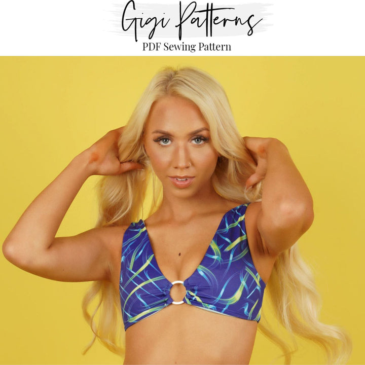 Seamless bikini top sewing pattern with front ring detail, wide straps, and scoop back. Digital PDF includes A4, US Letter, and A0 formats. Sizes XS, S, M, L, XL, 2XL, 3XL, 4XL, 5XL. Includes step-by-step video tutorial. Swimwear top pattern, fashion designer PDF sewing pattern.