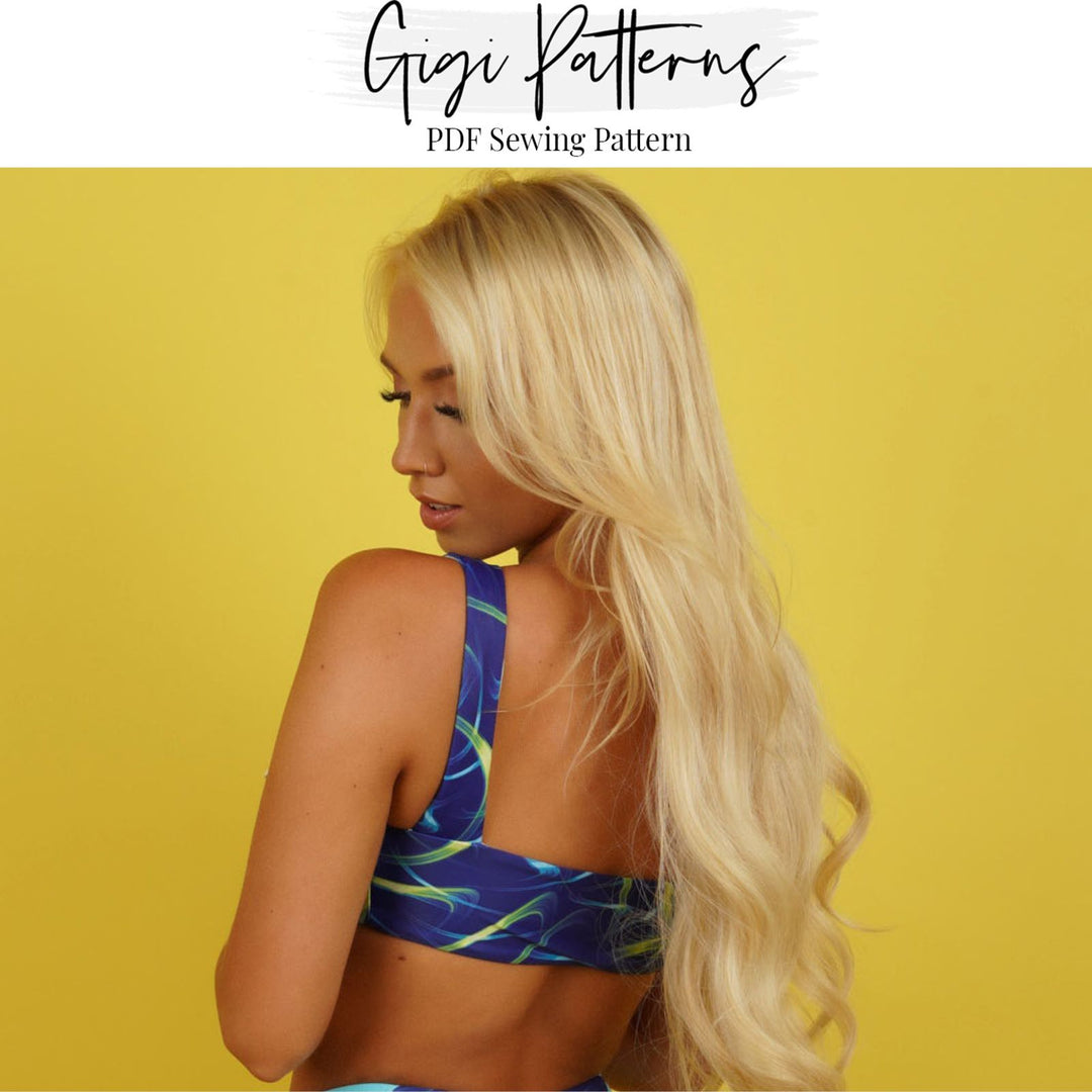 Seamless bikini top sewing pattern with front ring detail, wide straps, and scoop back. Digital PDF includes A4, US Letter, and A0 formats. Sizes XS, S, M, L, XL, 2XL, 3XL, 4XL, 5XL. Includes step-by-step video tutorial. Swimwear top pattern, fashion designer PDF sewing pattern.